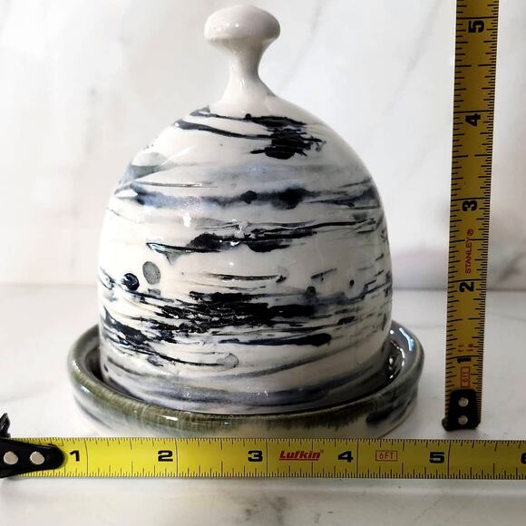 Studio Pottery Butter Dish Artist Signed Black Swirl Ceramic Modern Decor - Picture 8 of 9